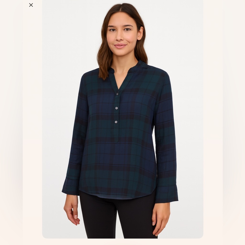 LOFT Ann Taylor Blouse Green Blue Plaid S EUC Preppy Minimalist Classic Timeless